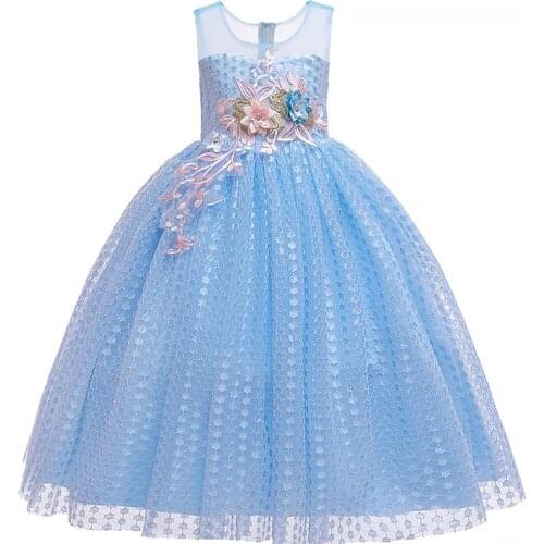 Appliques Plaid Sleeveless Girls dress First Communion wedding Princess dress floor Tulle kids dresses for girls flower elegant