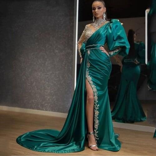 Luxury Evening Dresses Appliques Beading Slide Split High Collar Full Sleeve Zipper A-Line Gowns Novia Do 2021 New Party