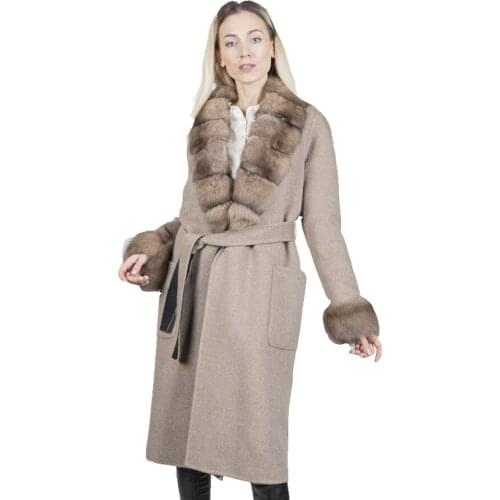 .Real Fur Coat Winter Jacket Women 100% Natural Fox Fur Collar Cuffs Cashmere Wool Blend Oversize Outwear