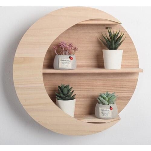Nordic Round Wooden Wall-Mounted Moon Shaped Frame Simple Art Hanging Flower Pot Storage Shelf Home Supplies