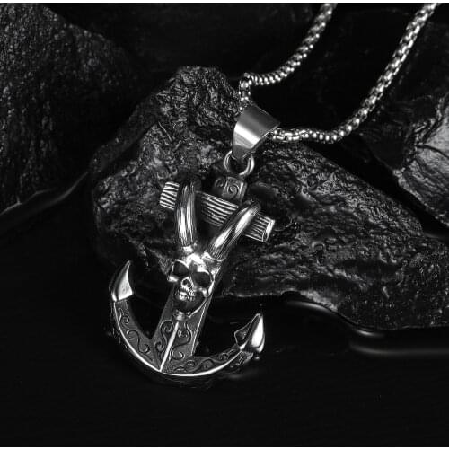 Vintage Stainless Steel Necklace Gothic Anchor Shofar Devil Skull Necklace for Men Women Chain Biker Jewelry Party Necklace