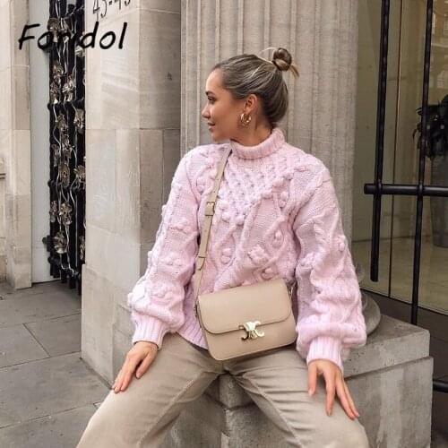 Foridol Pompom Knitted Turtleneck Pink Sweater Women Winter Oversized Pullovers Femme Casual High Fashion Vintage Jumper 2021