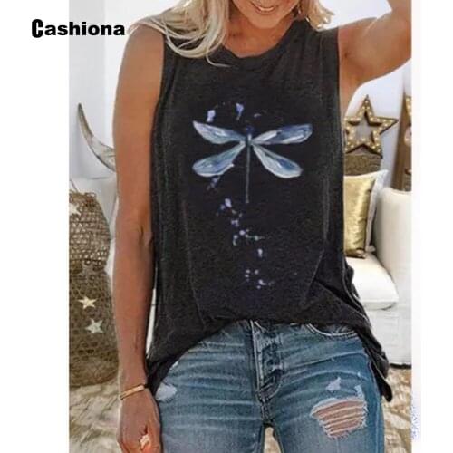 Women Casual Tank Top Sleeveless dragonfly Print O-neck Ladies Shirts Plus size 3xl Summer 2020 New Leisure Vest Clothing Femme