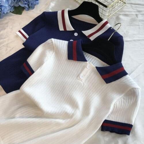 Womens knitted T-shirt 2020 short-sleeved T-shirt ladies spring shirt T-shirt college style polo shirt lapel sweater plus size