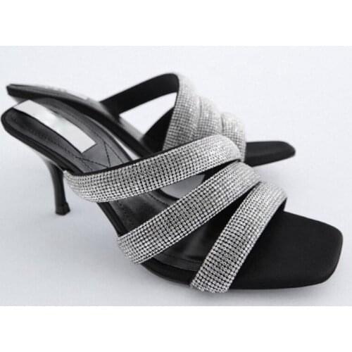 Womens Open Toe Rhinestones Crystal Stilettos High Heel Slides Mules Shoes Slingbacks Black New 2021