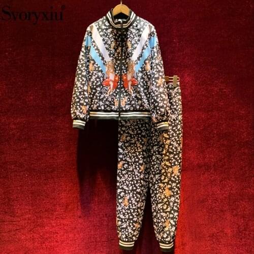 Svoryxiu Designer Autumn Casual Pants Suits Womens Fashion Angel Flower Print Long Sleeve Jackets + Pants Two Piece Set