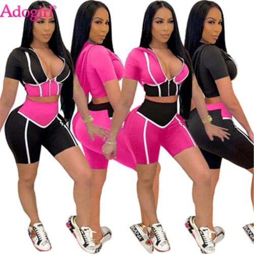 Adogirl Color Patchwork Women Tracksuit Casual Active Slim Two Piece Set Zipper Short Sleeve Hooded Crop Top Skinny Shorts Suit