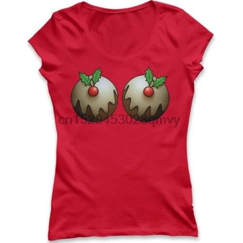 Cheeky Christmas Puddings T-Shirt - Funny Joke - Womens UK Size - Red
