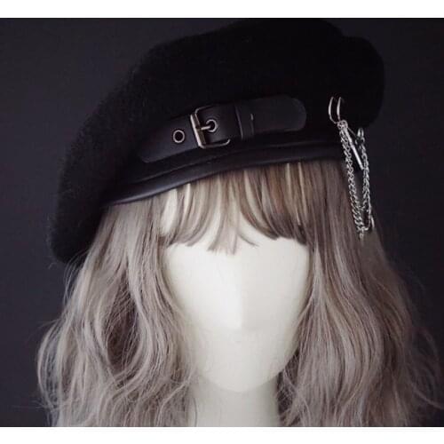 Women Beret Leather Buckle Chain Accessories Gothic Cool Black Newsboy Hats Casual Vintage Street Fashion Wear