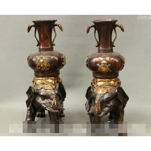 Free shipping S00187 17"China Bronze Gilt 8 Auspicious Symbol Elephant RuYi Statue Zun Vase Pot Pair