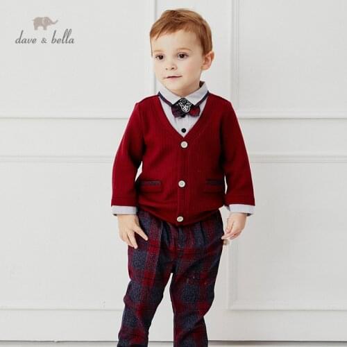 DB14472 dave bella autumn baby boys fashion removable bow plaid clothing sets kids casual sets children 2pcs suit