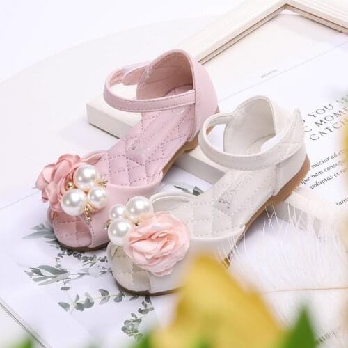 New Style Anti-slip Fish Mouth Girls Shoes Pearls Flowers Kids Leather Shoes Princess Shoes Soft Baby Dancing Shoes Beach Shoes