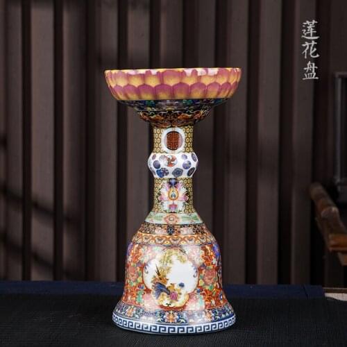 Jingdezhen Qing Yong Zheng Enamel Lotus Flower Pattern Candlestick Jingdezhen Old Antique Porcelain Ornaments