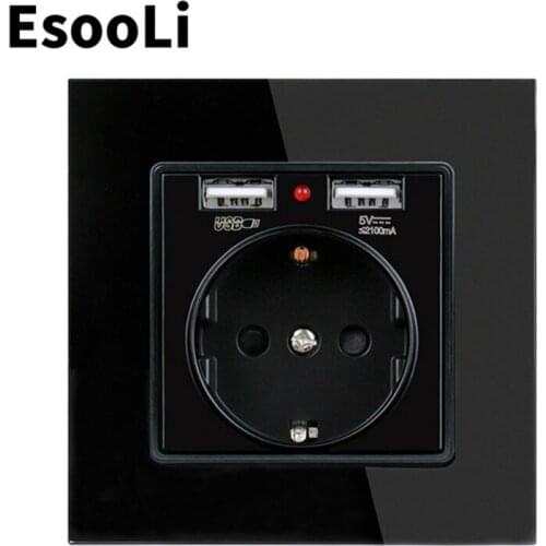 EsooLi Black USB Wall Socket EU Power Outlet White Crystal Glass Panel Dual USB Charging Port 2.1A 16A Russia Spain