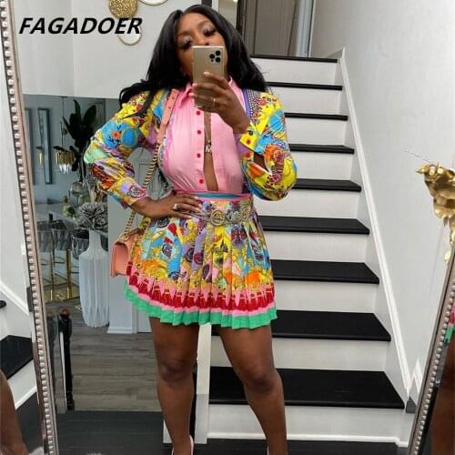 Fagadoer Retro Printed Skirt 2 Pieces Set Elegant Office Ladies Set 2021 Female Long Sleeve Shirt Top+Mini Pleat Skirts suits