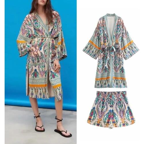 WESAY JESI Womens Clothing Trouser Suits New Fashion Print Top V Neck Chic Vintage High Waist Straight Loose Trousers Daily Set