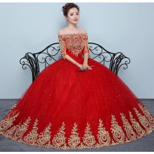 Red Wedding Dress 2021 Half Sleeve Bridal Dress Boat Neck Ball Gown Off The Shoulder Princess Lace Vestido De Noiva Plus Size