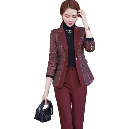 Lenshin High Quality 2 Piece Set Plaid Trouser Suits Blazer Office Lady Designs Women Jacket and Pant Suit Plue Size