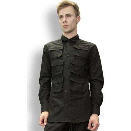 Summer Mens new multi-pocket shirt men Korean version Slim casual long-sleeved shirts black mens tide Comfortable clothing