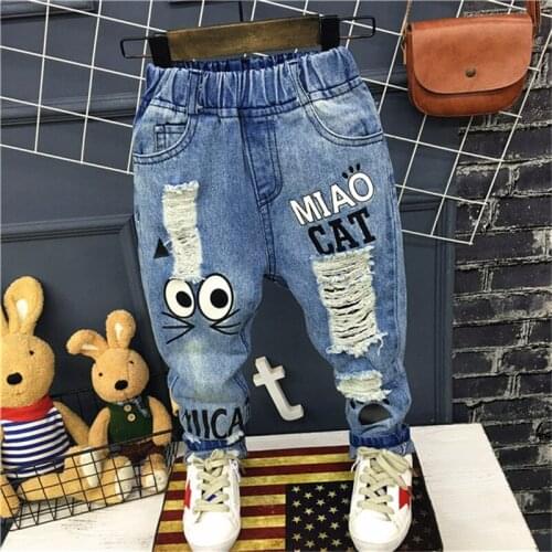 Hot sale 2019 new fashion childrens jean trousers cartoon boy and girl denim pants kids hole jeans for boys long girls' jeans
