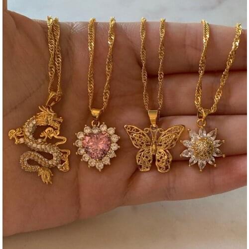 Multicolor Retro Love Heart Necklaces For Women Men Gold Dragon Necklace Butterfly Jewelry Stainless Steel Chain Flower Choker