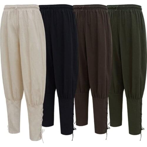 Medieval Renaissance Mens Viking Pants Larp Pirate Horseman Costume Ankle Banded Lace-up Trouser Linen Outfit for Men Plus Size