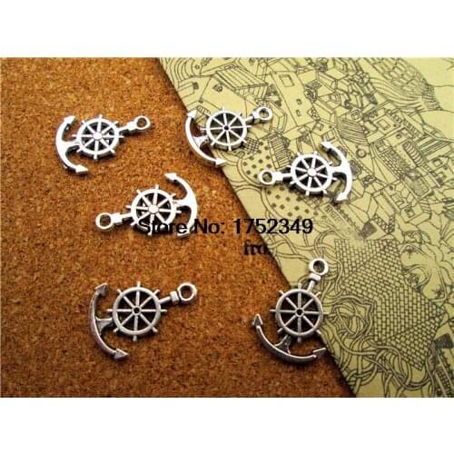 25pcs--Anchor Charms, Antique Silver Tone anchor with Ship Wheel, rudder charm 18x11mm