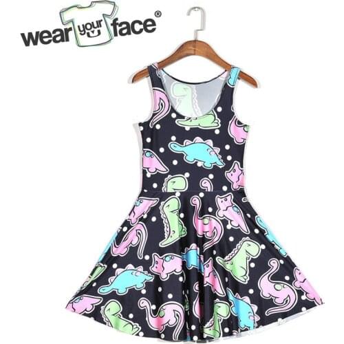 Colorful Cute Animal Cartoon Inosaur Dress Summer Sleeveless Bodycon Dress Kawaii Funny Skater Dress Beach Vestidos