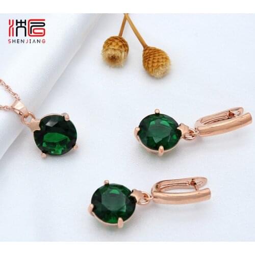 SHENJIANG Trendy Elegant 585 Rose Gold Round Zirconia Dangle Earrings Pendant Necklace Jewelry Sets For Women Fashion Gift