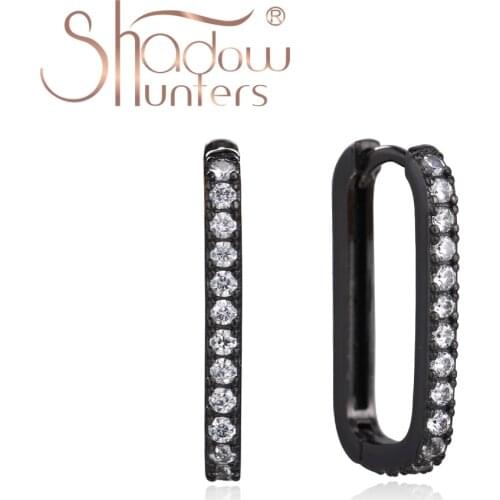 SHADOWHUNTERS Pure 925 Sterling Silver Huggies Hoop Earrings Stylish U-shaped Black Hoops Clear Zircon For Punk Women Jewelry