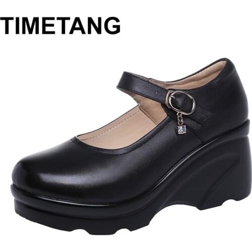 TIMETANGFashion Crystal Buckle Wedding Shoes Ladies Bride Shoes Women Wedge Pumps Mary Janes Shoes Brand New Female SplitLeather