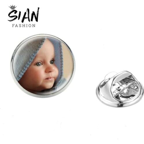 SIAN Personalized Custom Stainless Steel Lapel Pin Family Members Logo Cat Dog Pet Art Picture Glass Round Badge Brooches Gift