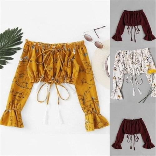 Blouse Women Tops And Blouses Summer Off Shoulder Top Mujer Chiffon Long Sleeve Print Blouse Tops Clothes Blusas Verano Mujer