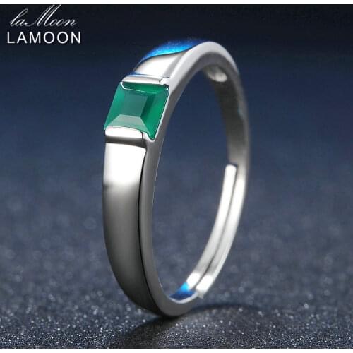 LAMOON S925 Ring For Women Pricess cut Green Agate Chalcedony 925 Sterling Silver 18K White Gold Plated Fine Jewelry LMRI006