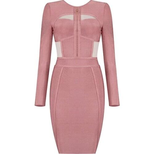 Women Winter Party Bodycon Bandage Dress Patchwork Long Sleeve Mesh Celebrity Club Casual Vestidos