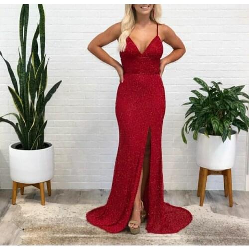 Vkbridal Sexy V-Neck Glitter Red Prom Dresses with Split Long Mermaid Party Dresses Criss cross Back Formal Evening Gowns