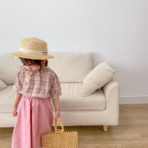 2021 Girls' short sleeve set summer clothes Korean childrens retro cotton plaid shirt nine wide-leg pants T-shirt suit