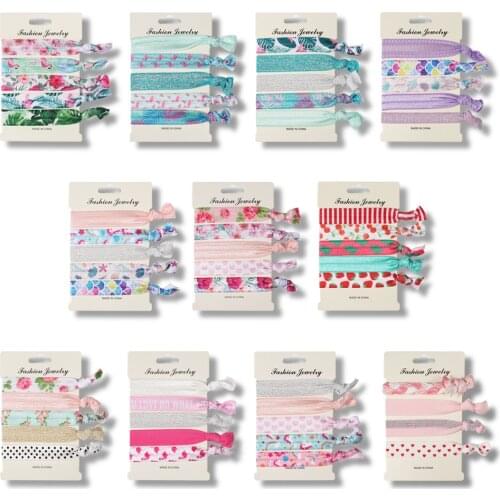 5PC Fashion Bungee Cord Womens Hair Bands Tropical Rainforest Flamingos Unicorn Pattern Tie A Knot Elastic Hair Bands