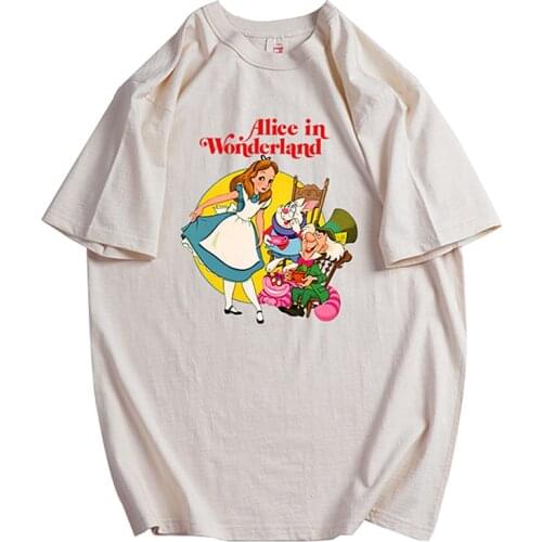 100%Cotton T Shirts Fairy Tale Alice in wonderland Cartoon Print Kawaii O-neck Short Sleeve Summer Tops Fashion Lady Girls Tee
