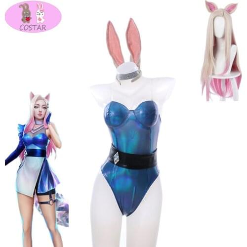 Game LOL Ahri Cosplay Costumes KDA Bunny Girl Sexy Jumpsuits Dress Girls Women Wig Synthetic Hair Halloween Role Play Costume
