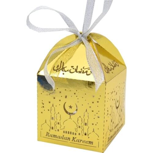 Happy Eid Mubarak Candy Box Muslin Favor Box Laser Cut Arabic Ramadan Kareen Favor Box With Free Ribbon