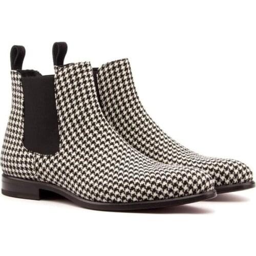 Mens Fashion Low Cut Short PU Classic Black and White Plaid Chelsea Waterproof Non-slip Wear-resistant Casual Boots KA040