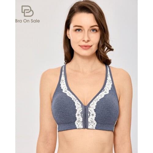 Womens Wirefree Full Figure Cotton Bra Front Closure X-shape Back Support Lace Bras Plus Size