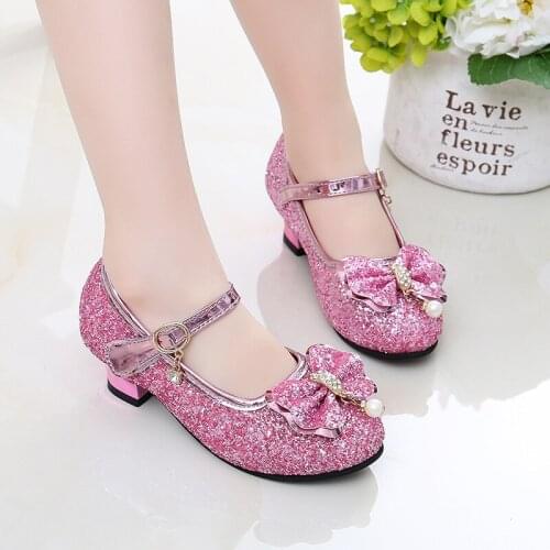 3-12 Year Fashion Bow High Heels Wedding Sequins Patent Leather Shoes 2020 Little Girl Party Dresses Kids Child Princess Shoes