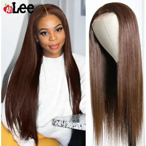 AliLee Chocolate Brown Front Wig Pre Plucked Transparent 30 inch Malaysian Straight Lace Front Human Hair Wigs 180 Density