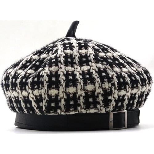 Simple Women Wool beret For Elegant lady Winter Female Rabbit fur Hats Plaid Vintage Octagonal Casual boina Autumn girl Cap
