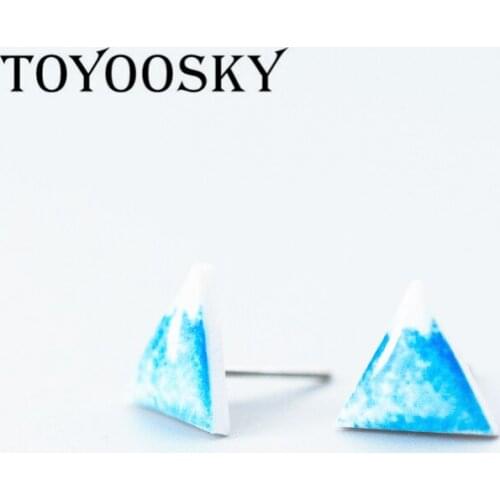 925 Sterling Silver Pin Earrings Triangle Blue Iceberg Shape Plastic Material Lovely Stud Ear Jewelry for Girl Valentines Gift