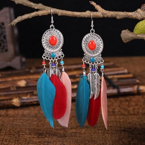 Hippie Boho Jewelry Womens Long Colorful Feather Tassel Dangle Earrings Bohemian Silver Color Round Earrings Brincos Bijoux