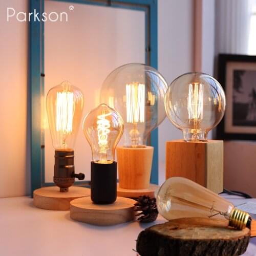 Modern Wood Table Lamp Base Retro E27 Wood Socket Desktop Decorative Table Light EU Plug Vintage Art Bedroom Bedside Night Light