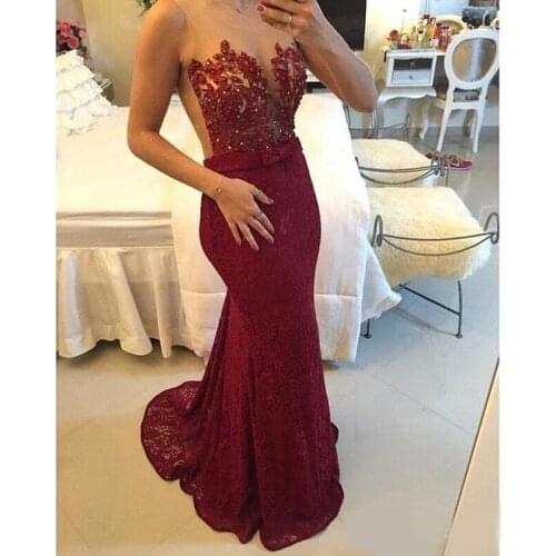 Dark Red Prom Dresses Sheer Neck Lace Appliques See Through Mermaid Evening Dress Arabic Party Gowns Robe De Soiree